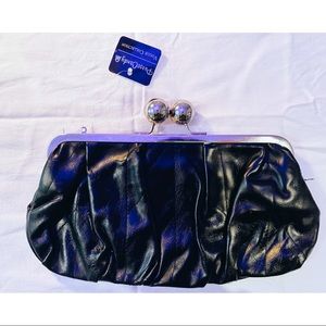 Vintage Black Clutch with Kiss Lock Closure and Removable Silver Strap